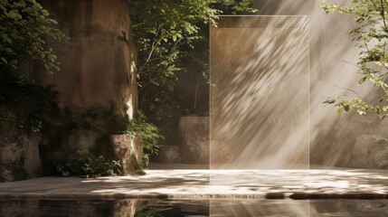  the sun shines through the leaves of a tree as it casts a shadow on a wall and onto a pool of water with a bench in the foreground.