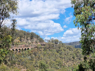 Sandstone Viaducts and bridges in the Blue Mountains New South Wales Australia. Railway line in the...