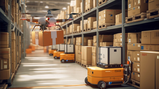 Modern warehouse operating with drones and robots