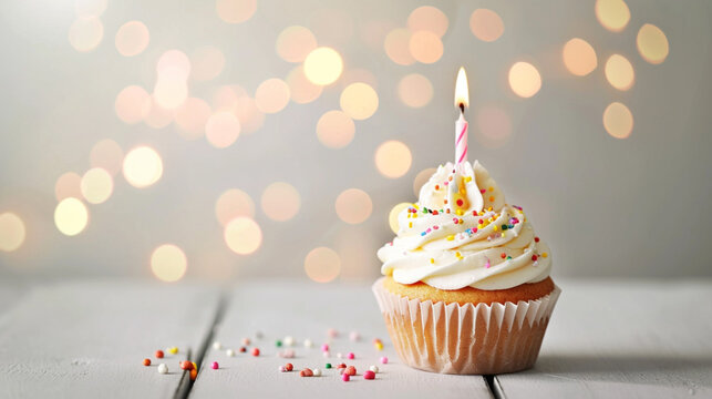A single birthday cupcake sits in the foreground with a flickering candle on top. Ai Generative