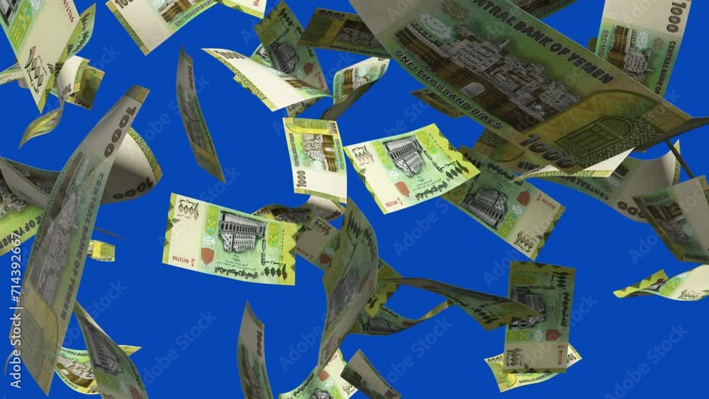Poster 3d animation of yemeni rial notes falling on blue screen. you can remove the background by keying or
