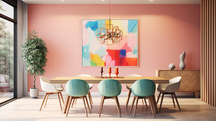 Dining room with design a colorful soft color background. Colorful mockup poster.