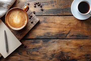 cup of coffee on wooden table, peaceful atmosphere
