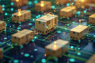 A computer generated image of cardboard boxes on a circuit board
