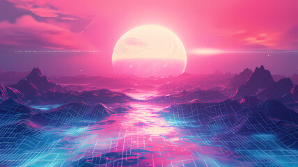 Abstract background portraying a digital vaporwave landscape with futuristic flair