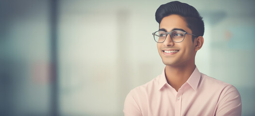Bellissimo uomo di 30 anni di origini indiane sorride in ufficio con camicia elegante - obrazy, fototapety, plakaty