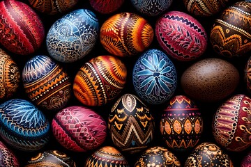 A collection of richly colored Easter eggs against a dark background