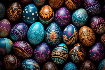 Fototapeta na wymiar A collection of richly colored Easter eggs against a dark background