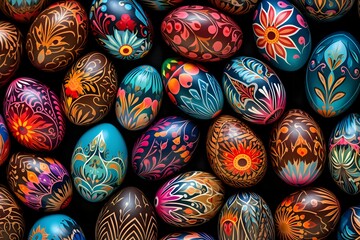 Obraz premium A collection of richly colored Easter eggs against a dark background