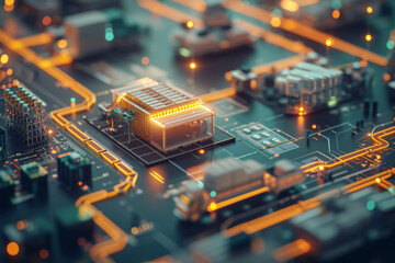 A circuit board with a building in the middle that says ' cpu ' on it - obrazy, fototapety, plakaty