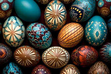 A collection of richly colored Easter eggs against a dark background