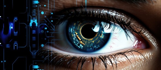 Closeup eye retina with digital biometrics technology graphic element. Generate AI image
