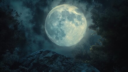  a full moon seen through the trees in the night sky with stars and clouds in the foreground, with a rocky outcropping in the foreground.