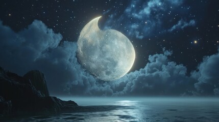 Fototapeta premium a painting of a moon in the sky over a body of water with rocks in the foreground and a rocky outcrop in the middle of the foreground.