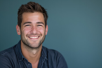 Fototapeta premium A man with a beard is smiling and wearing a blue shirt
