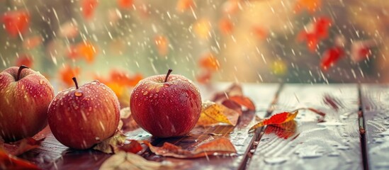 Rainy day with autumn leaves and space for your text, featuring apples and pumpkins on a wooden window board in a toned image. - obrazy, fototapety, plakaty