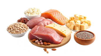 Color grading protein food meat and egg in 3d png transparent no background. Created using generative AI.