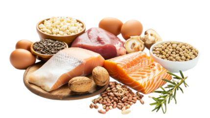 Protein food meat milk egg and bean in 3d png transparent with no background. Created using generative AI.