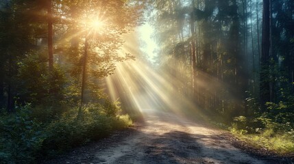  a dirt road in the middle of a forest with bright beams of light coming out of the trees on either side of the road and on the other side of the road.