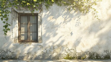  a window on the side of a building with a tree in front of it and a shadow of a tree on the side of the building and a window on the side of the building.