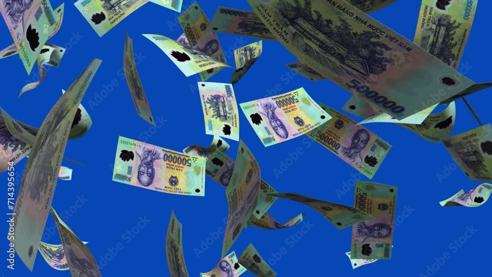 Poster 3d animation of vietnamese dong notes falling on blue screen. you can remove the background by keyin