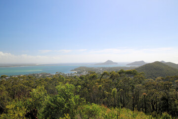 Fototapeta na wymiar View From Gan Gan Lookout, Port Stephens New South Wales, Australia. Looking Towards the Tomaree and Yacaaba Headlands