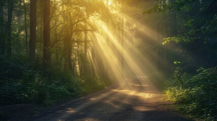  a dirt road in the middle of a forest with the sun shining through the trees on the other side of the road, with the sun shining through the trees on the other side of the road.