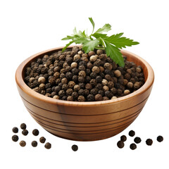 Black pepper in wooden bowl isolated on transparent background, png - obrazy, fototapety, plakaty