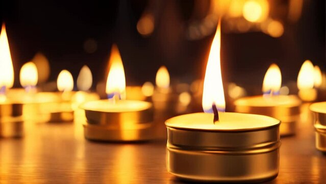 Numerous tea light candles lined up, casting a warm glow.
