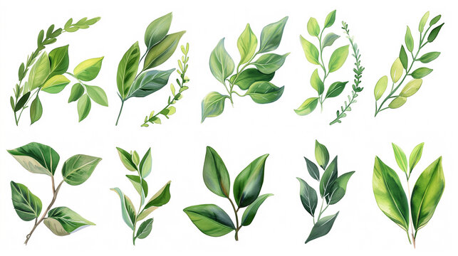 Collection of green watercolor foliage plants clipart on white background. Botanical spring summer leaves illustration. Suitable for wedding invitations, greeting cards, frames and bouquets.