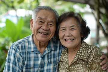 Obraz premium Asian senior couple smiling at the camera