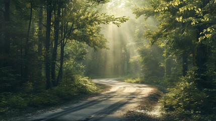  a dirt road in the middle of a forest with sunbeams shining through the trees on either side of the road is a dirt road that runs through the woods.