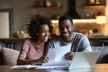Man and woman couple smiling confident reading document at home