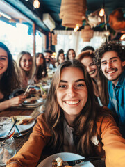 Selfie of a group of friends having dinner in a restaurant.