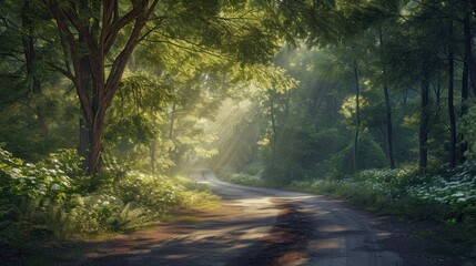  a dirt road in the middle of a forest with sunbeams shining through the trees on either side of the road is a lush green forest with lots of trees and white flowers on both sides.