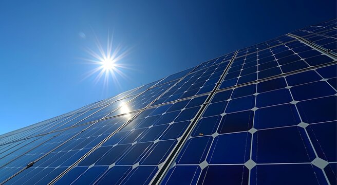 Image of a set of solar panels with the sun shining brightly. The sky is clear. Clean energy and alternative energy concepts