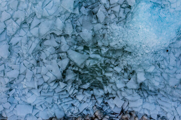 Aerial view about piled up ice floes on lake Balaton at Fonyódliget, Hungary. Abstract ice...