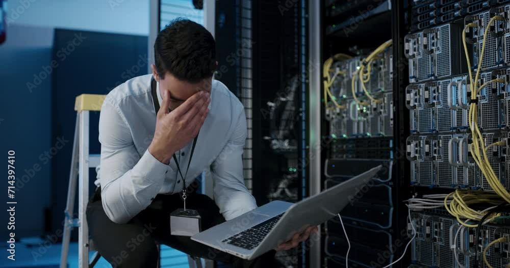Poster Man, working and headache from programming with data on pc in server room or technician with burnout. IT, programmer and person tired from fatigue and fix mistake, error or fail in datacenter system