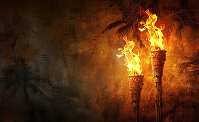 Horizontal background with two flaming torches glowing against a grungy tropical themed wall on right side, room for copy space
