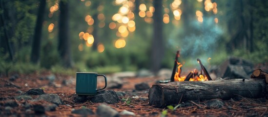 Camping in the forest with a soft focus and a mug on the stove.