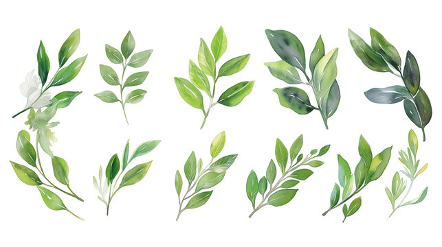 Collection of green watercolor foliage plants clipart on white background. Botanical spring summer leaves illustration. Suitable for wedding invitations, greeting cards, frames and bouquets.
