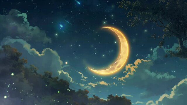 Beautiful crescent moon with shooting stars on anime style. Can use for Ramadan, eid al fitr, eid adha animation loop background and many more