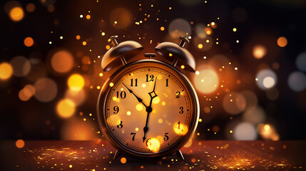 Fototapeta na wymiar Happy New Year countdown, Clock and fireworks, lights and bokeh effect, Golden clock