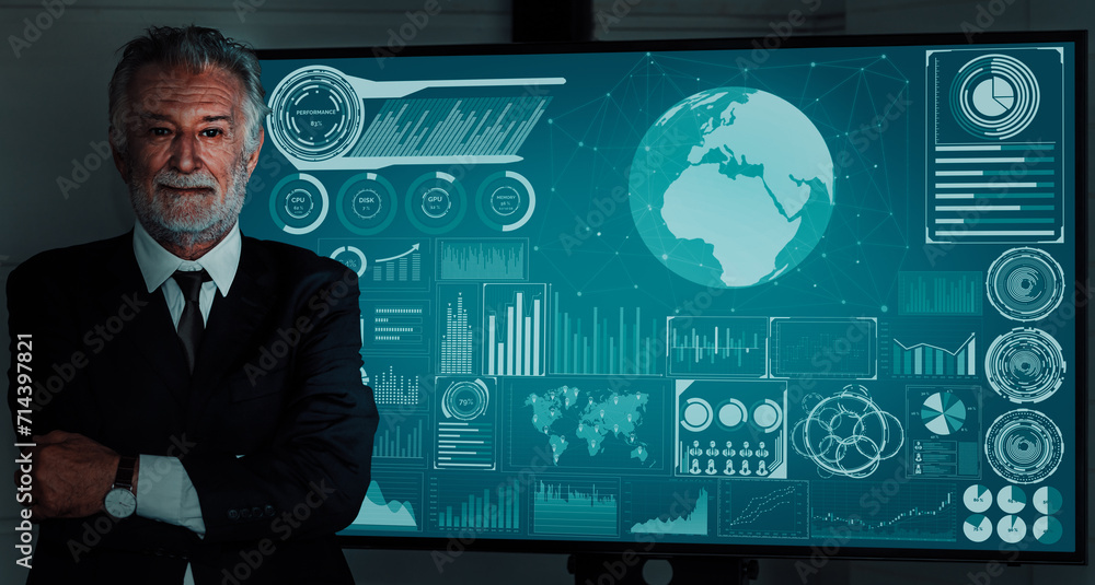 Poster data analysis for business and finance concept. interface showing future computer technology of prof