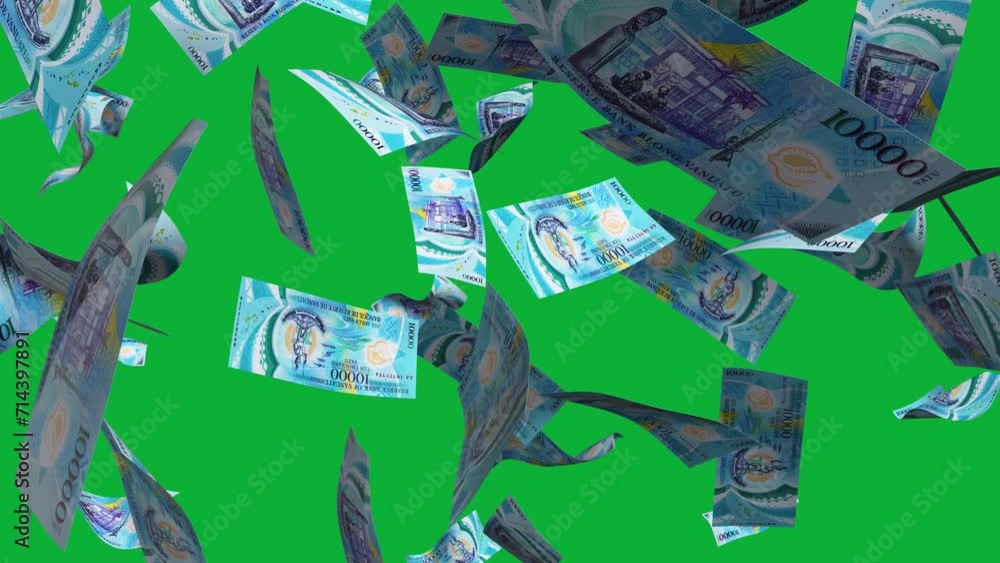 Poster 3d animation of vanuatu vatu notes falling on green screen. you can remove the background by keying 