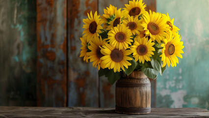 Fototapeta premium Cheerful Sunflowers in a Wooden Vase