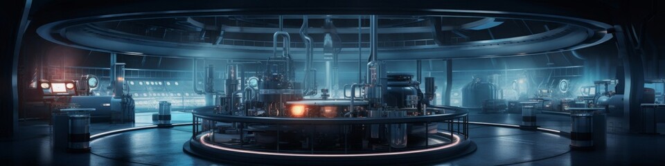 An underground research facility panorama at twilight,  with serene lighting and advanced technological experiments