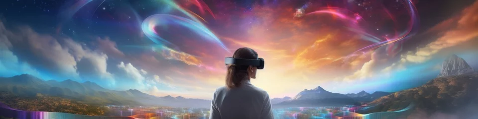 Fotobehang A virtual reality escape panorama,  where users explore holographic landscapes and surreal dreamscapes © basketman23