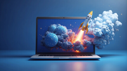 Digital Launchpad: Abstract Rocket Soars from the Laptop Screen - Start-Up and Boosting Concept in Low Poly Wireframe Vector Illustration

