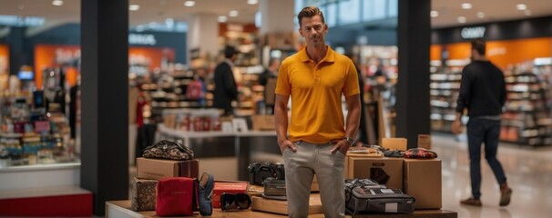 Portrait of a salesman posing in his store in a shopping center